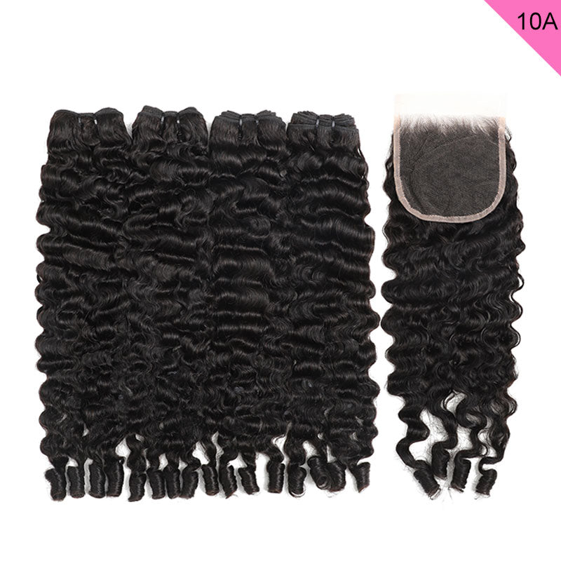 ZSF 10A Grade Burmese Curly 4Bundles With Lace Closure 100% Human Hair Natural Black