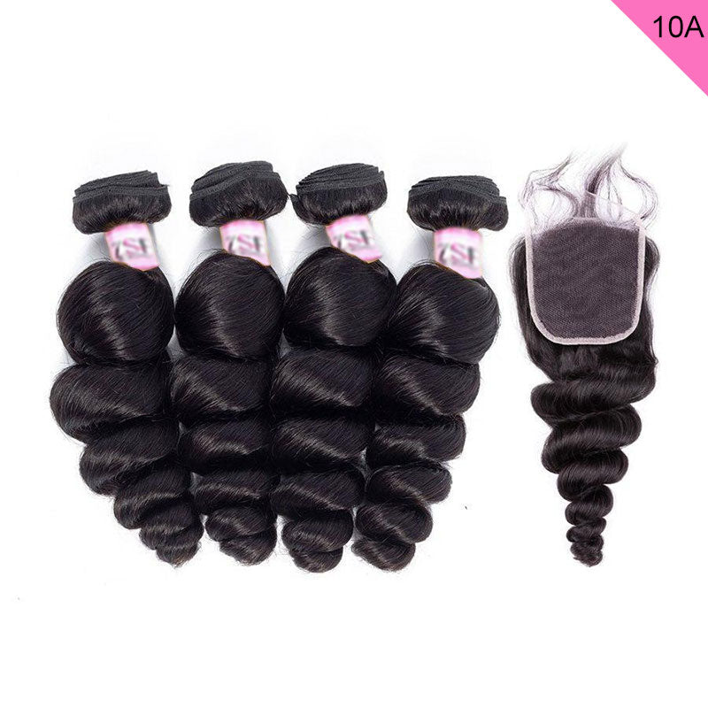 ZSF 10A Grade Loose Wave 4Bundles With Lace Closure 100% Human Hair Natural Black
