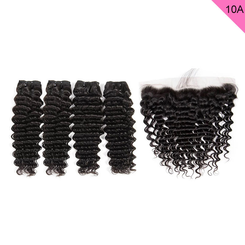 ZSF 10A Grade Deep Wave Curly Virgin Hair 4Bundles With Lace Frontal 100% Human Hair Natural Black