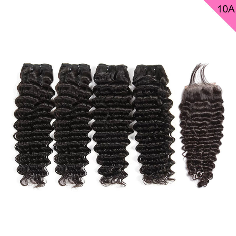 ZSF 10A Grade Deep Wave Curly 4Bundles With Lace Closure 100% Human Hair Natural Black