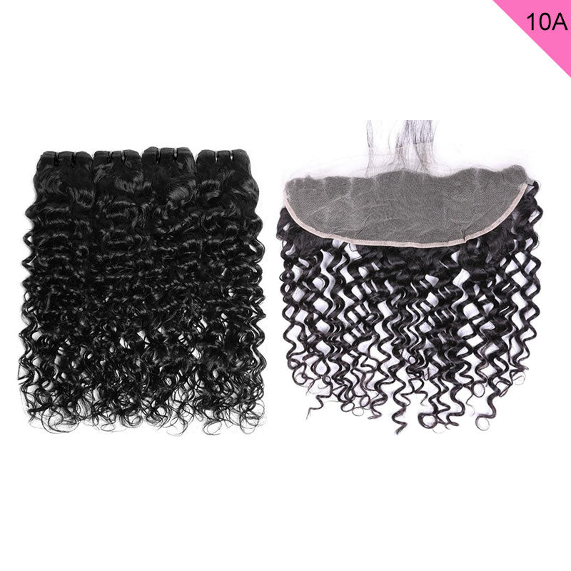 ZSF 10A Grade Water Wave Virgin Hair 4Bundles With Lace Frontal 100% Human Hair Natural Black