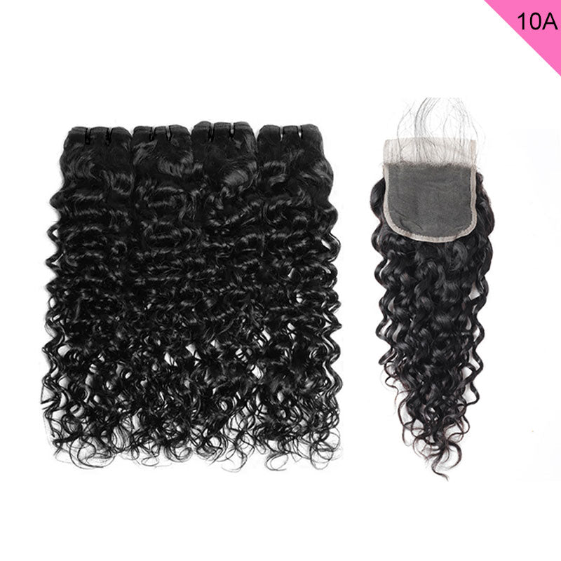 ZSF 10A Grade Water Wave 4Bundles With Lace Closure 100% Human Hair Natural Black