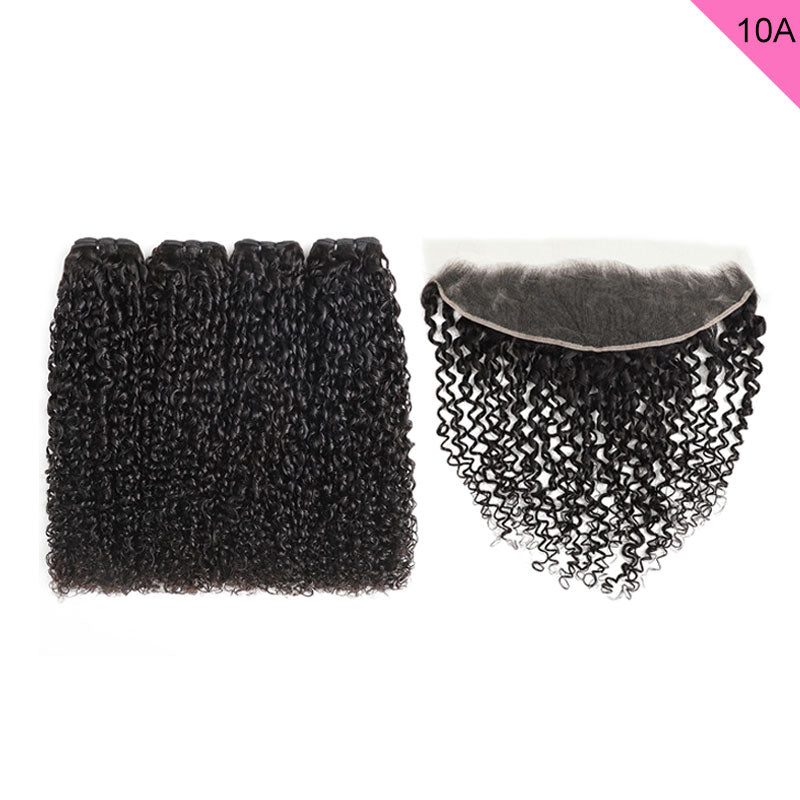 ZSF 10A Grade Pixie Curly Virgin Hair 4Bundles With Lace Frontal 100% Human Hair Natural Black
