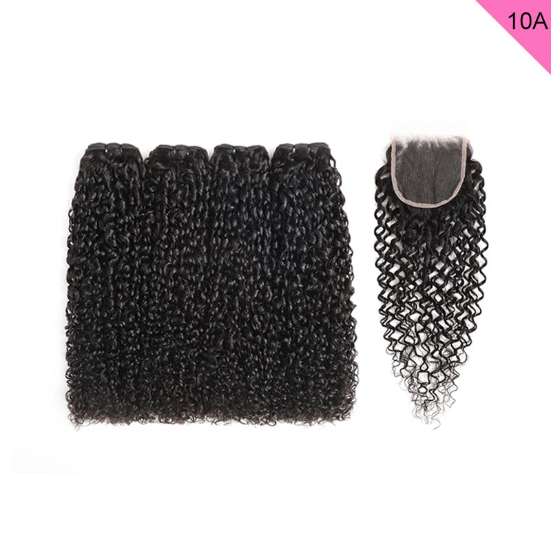 ZSF 10A Grade Pixie Curly 4Bundles With Lace Closure 100% Human Hair Natural Black