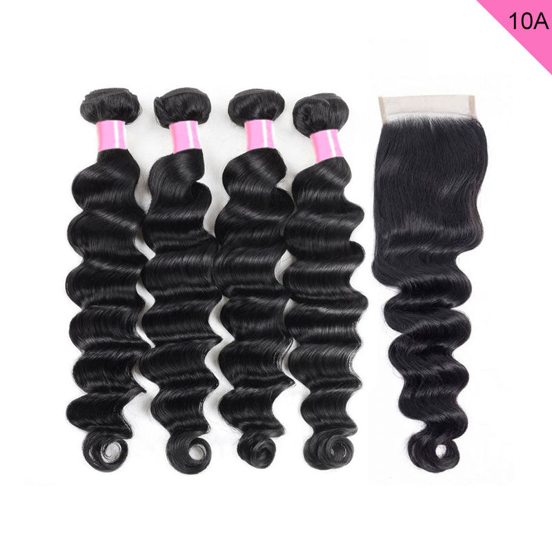 ZSF 10A Grade Loose Deep Wave 4Bundles With Lace Closure 100% Human Hair Natural Black
