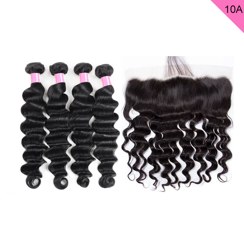 ZSF 10A Grade Loose Deep Wave Virgin Hair 4Bundles With Lace Frontal 100% Human Hair Natural Black