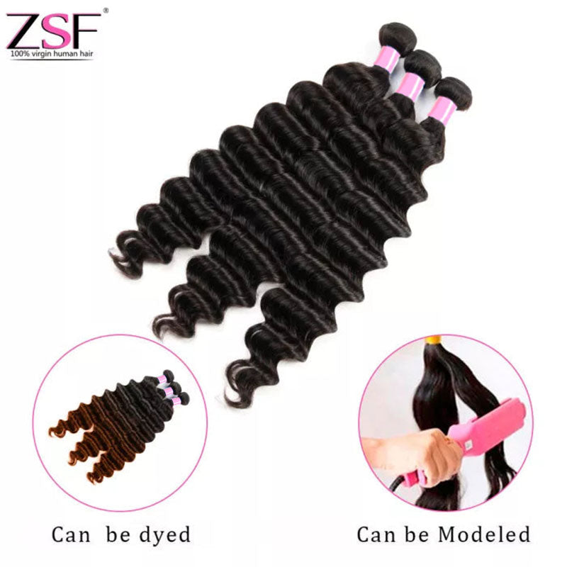 ZSF 10A Grade Loose Deep Wave 4Bundles With Lace Closure 100% Human Hair Natural Black