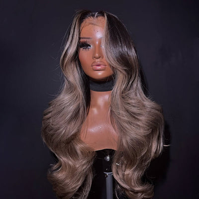 ZSF New Ombre Black Ash Blonde Body Wave Human Hair Lace Frontal Wig Middle Part