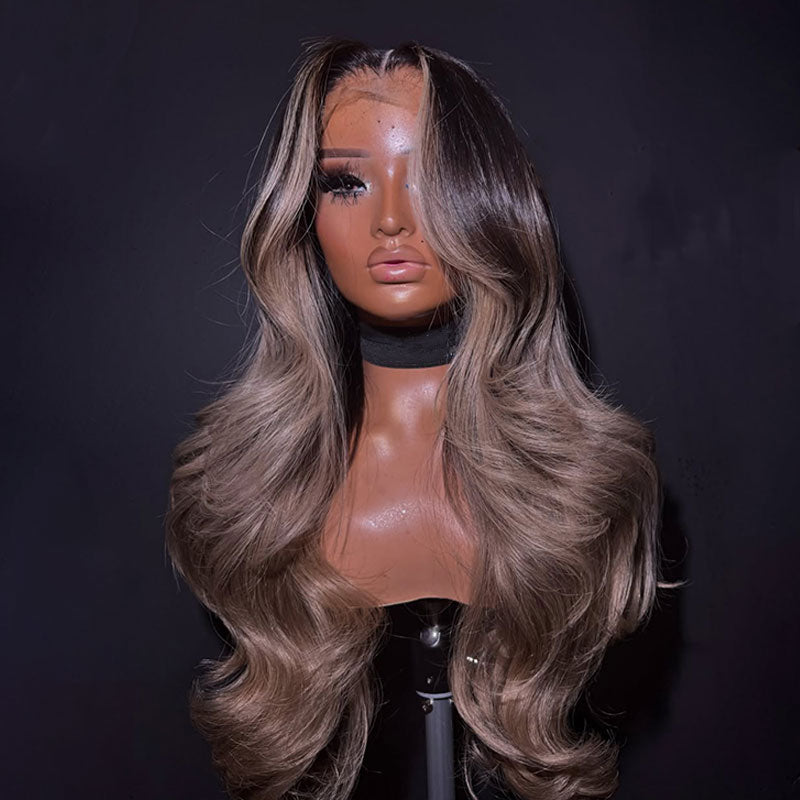 ZSF New Ombre Black Ash Blonde Body Wave Human Hair Lace Frontal Wig Middle Part