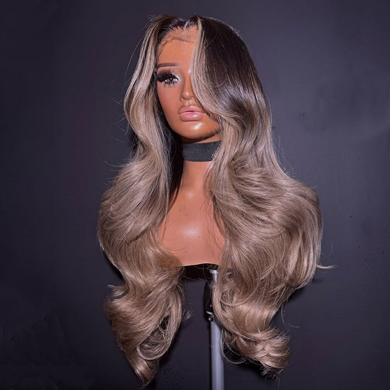 ZSF New Ombre Black Ash Blonde Body Wave Human Hair Lace Frontal Wig Middle Part