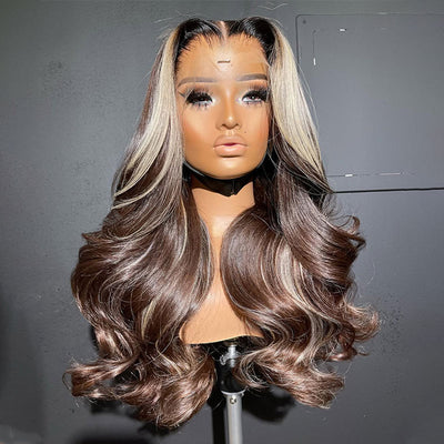(Ready to Ship) ZSF New Arrival Blonde Highlight Dark Brown Body Wave Human Hair Wavy Wig Middle Part