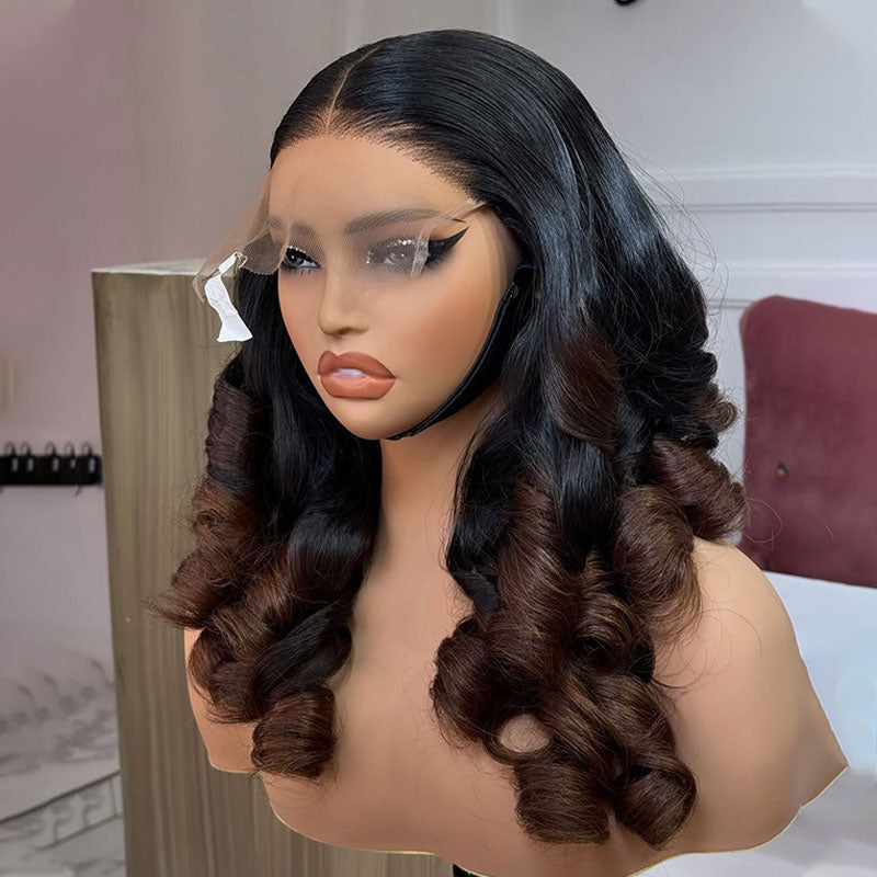 ZSF Hair Tip End Bouncy Curly Ombre Black Brown Lace Wig Middle Part Pre Plucked Natural Hairline 1 Piece