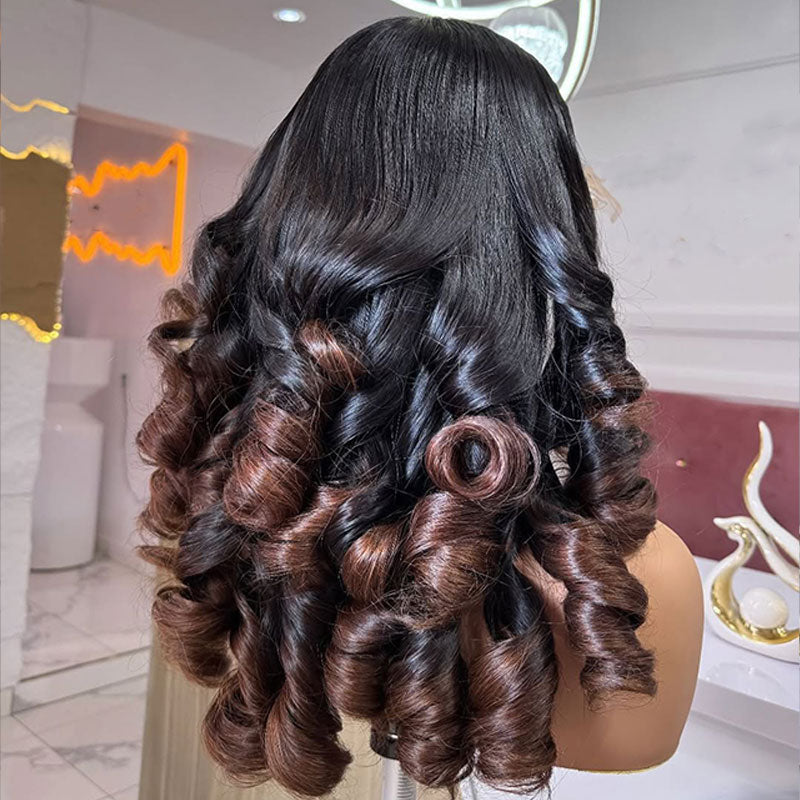 ZSF Hair Tip End Bouncy Curly Ombre Black Brown Lace Wig Middle Part Pre Plucked Natural Hairline 1 Piece