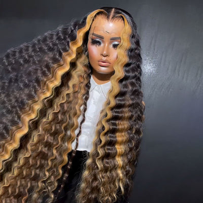 (Ready to Ship) ZSF Hair Two Toned Highlight Black Loose Deep Wave Lace Wig Middle Part Natural Hairline