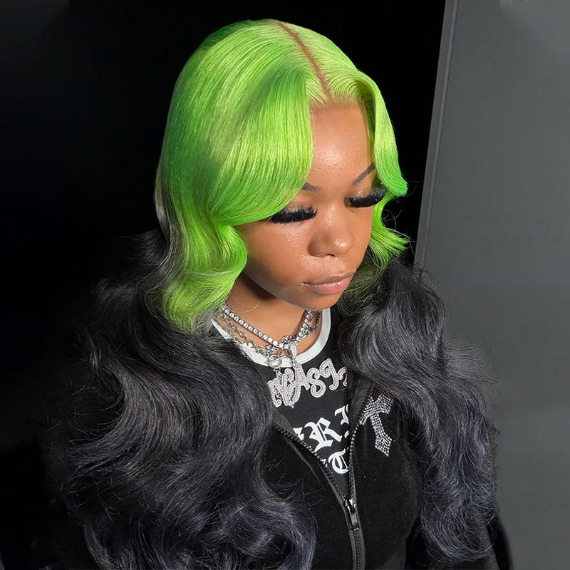 (Ready to Ship) ZSF Halloween Limited|Ombre Green Black Body Wave 100% Human Hair Wavy Wig Middle Part Natural Hairline