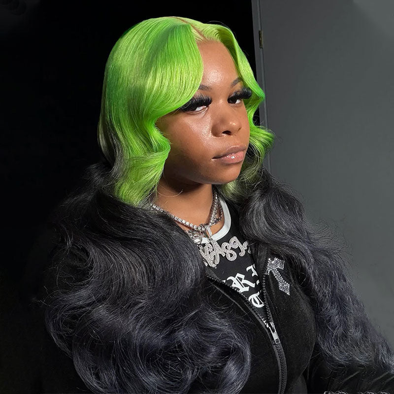 (Ready to Ship) ZSF Halloween Limited|Ombre Green Black Body Wave 100% Human Hair Wavy Wig Middle Part Natural Hairline