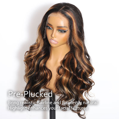 ZSF Two Tone Highlights Brown Honey Blonde Brazilian Body Wave Lace Wig Pre Plucked Middle Part 1PC