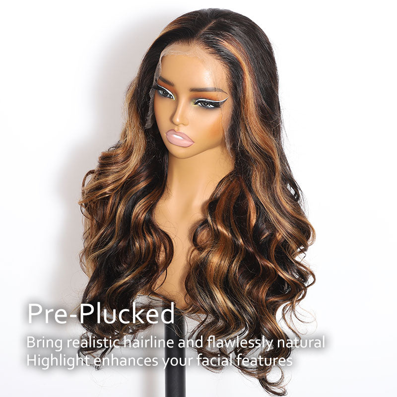 ZSF Two Tone Highlights Brown Honey Blonde Brazilian Body Wave Lace Wig Pre Plucked Middle Part 1PC