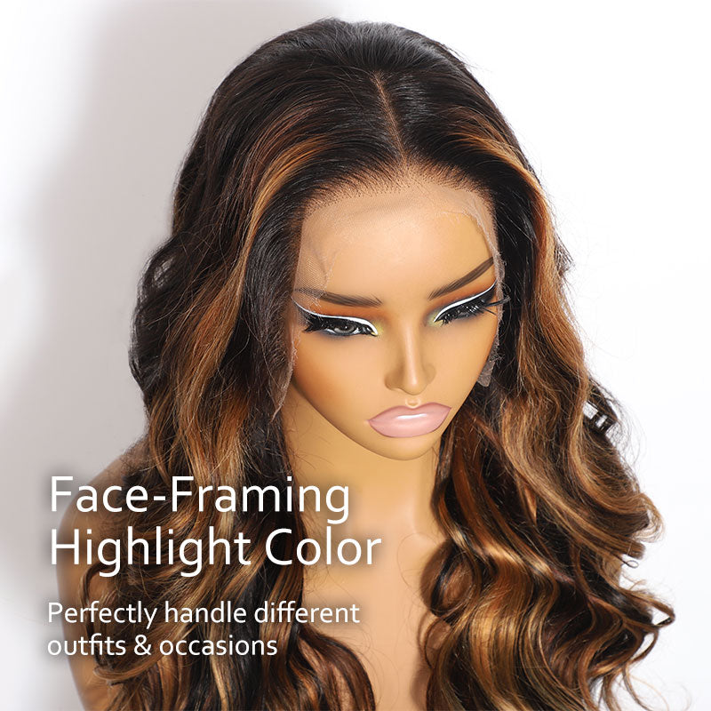 ZSF Two Tone Highlights Brown Honey Blonde Brazilian Body Wave Lace Wig Pre Plucked Middle Part 1PC