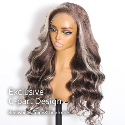 ZSF New In Blonde Highlight Mix Grey Brown Body Wave Lace Frontal Wig C Part Human Hair