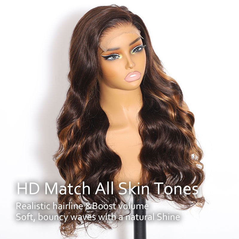 ZSF Honey Blonde Highlights Mixed Dark Brown Brazilian Body Wave Lace Wig Pre Plucked C Part 1PC