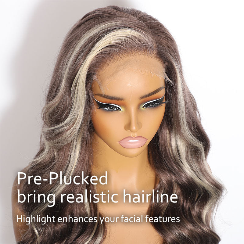 ZSF New In Blonde Highlight Mix Grey Brown Body Wave Lace Frontal Wig C Part Human Hair