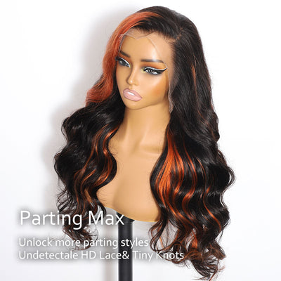 ZSF Orange Highlights Mixed Black Brazilian Body Wave Lace Wig Pre Plucked C Part Natural Hairline1PC