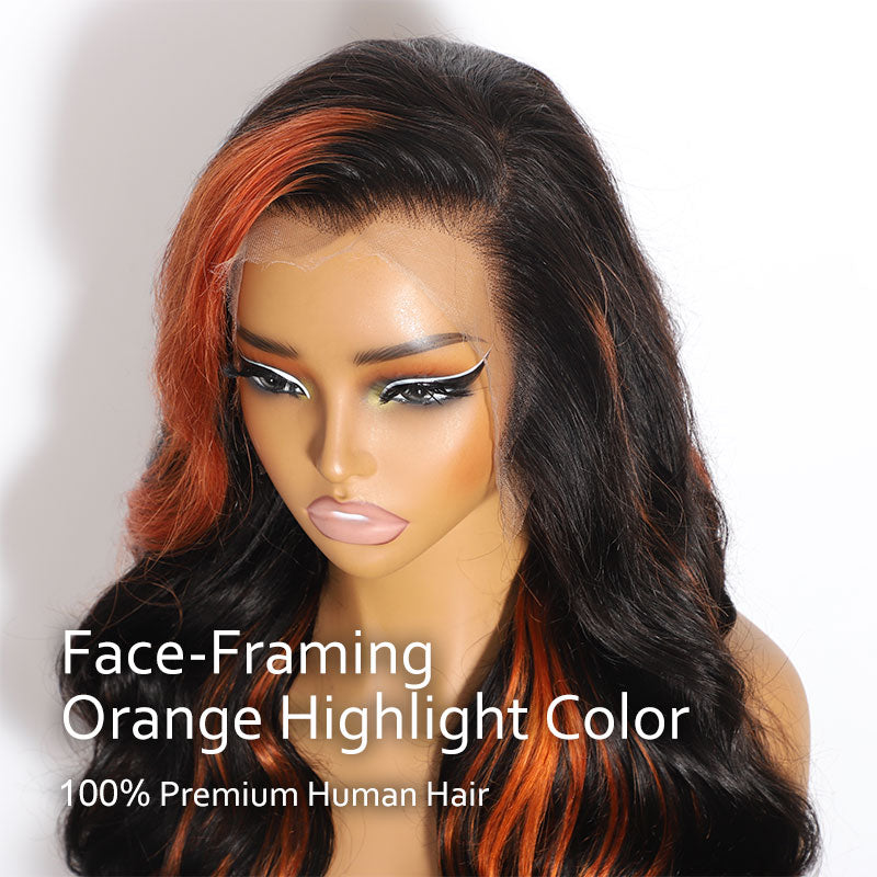 ZSF Orange Highlights Mixed Black Brazilian Body Wave Lace Wig Pre Plucked C Part Natural Hairline1PC