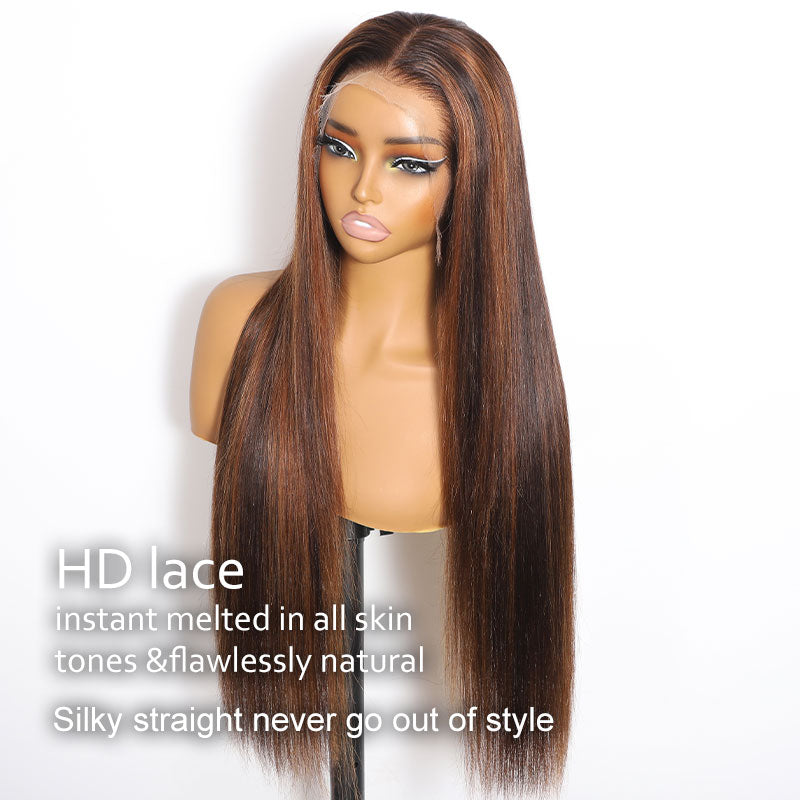 ZSF Ginger Brown Fashion Highlights Straight Lace Human Wig Virgin Hair Middle Part Pre-plucked Natural Hairline