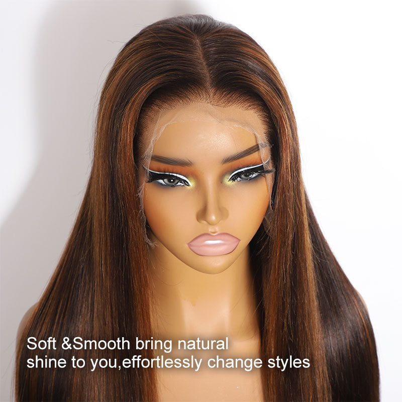 ZSF Ginger Brown Fashion Highlights Straight Lace Human Wig Virgin Hair Middle Part Pre-plucked Natural Hairline