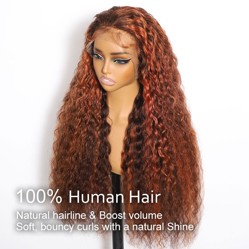 (Ready to Ship) ZSF Autumn Color Reddish Brown Highlight Brown Brazilian Loose Deep Wave Curly Wavy Lace Frontal Wig Natural Hairline Baby Hair