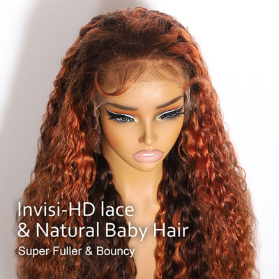 (Ready to Ship) ZSF Autumn Color Reddish Brown Highlight Brown Brazilian Loose Deep Wave Curly Wavy Lace Frontal Wig Natural Hairline Baby Hair