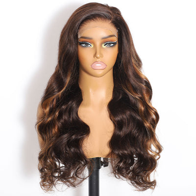 ZSF Honey Blonde Highlights Mixed Dark Brown Brazilian Body Wave Lace Wig Pre Plucked C Part 1PC