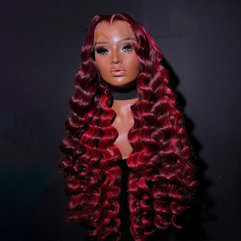 ZSF New Arrivals Red Wine 99j Mix Burgundy Highlight Loose Body Wave Human Hair Wig Middle Part Natural Hairline