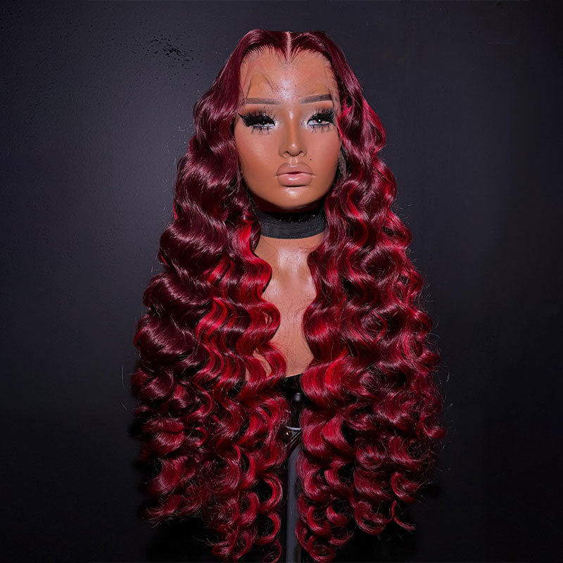 ZSF New Arrivals Red Wine 99j Mix Burgundy Highlight Loose Body Wave Human Hair Wig Middle Part Natural Hairline