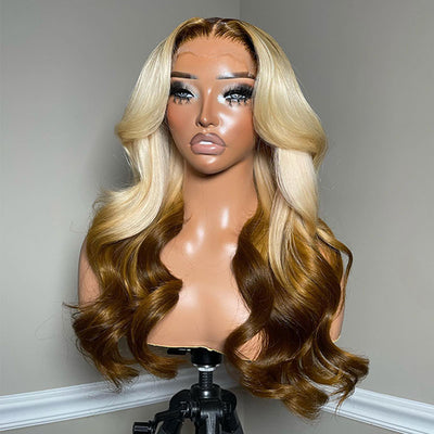 ZSF Ombre Blonde Mixed Golden Brown Body Wave Human Hair Lace Frontal Wig  Middle Part Brazilian Hair