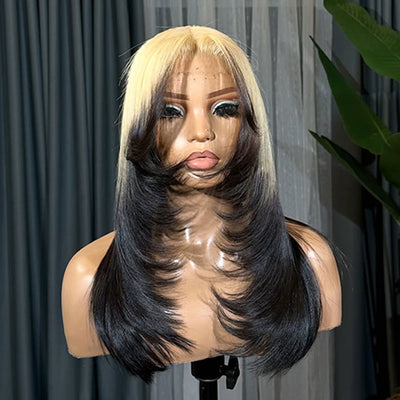 ZSF Hair Ombre Blonde Black T613/1B Layer Cut With Air Bangs Straight Middle Part Virgin Human Hair Lace Wig