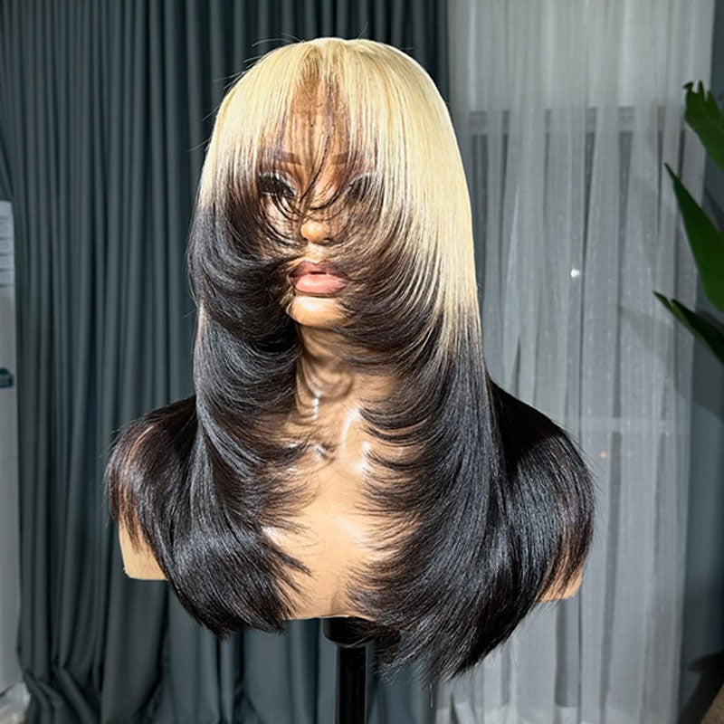 ZSF Hair Ombre Blonde Black T613/1B Layer Cut With Air Bangs Straight Middle Part Virgin Human Hair Lace Wig