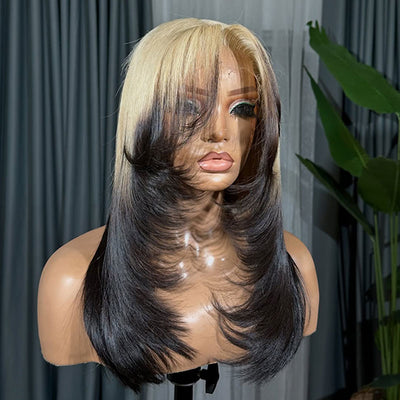ZSF Hair Ombre Blonde Black T613/1B Layer Cut With Air Bangs Straight Middle Part Virgin Human Hair Lace Wig