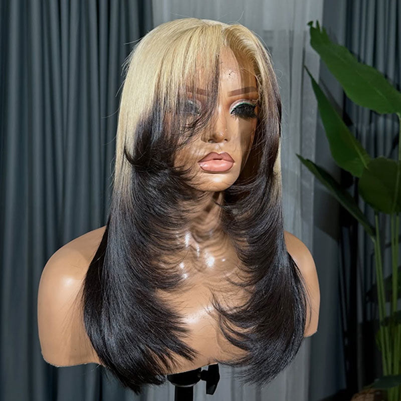 ZSF Hair Ombre Blonde Black T613/1B Layer Cut With Air Bangs Straight Middle Part Virgin Human Hair Lace Wig