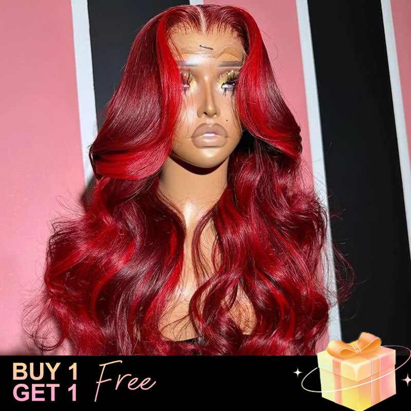 (BUY 1 GET 1 Free) ZSF New Highlight Rose Red With Burgundy Body Wave Colored Hair Transparent Lace Human Hair Wig