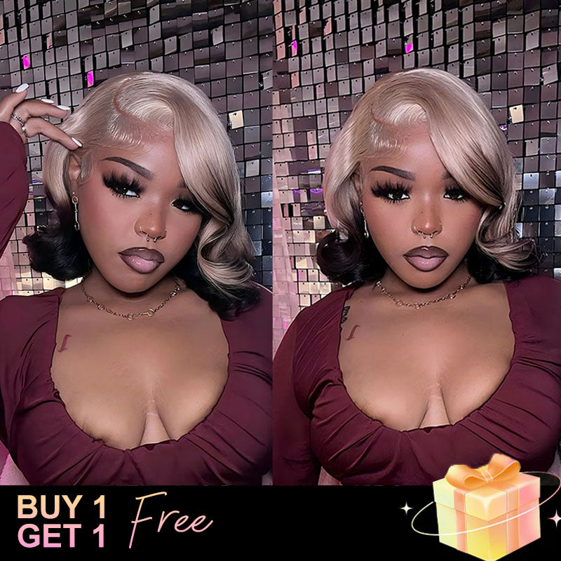 (BUY 1 GET 1 Free) ZSF Fashion Gradient Color Ice Blonde With Black Bob Straight Virgin Hair Lace Wig Invisible Knots Hair
