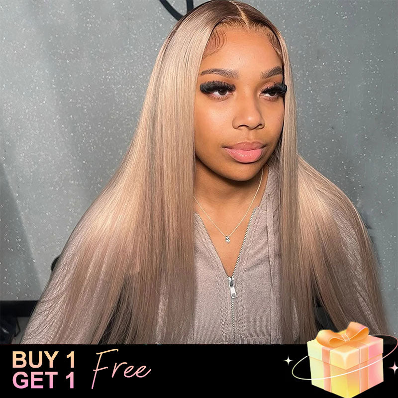(BUY 1 GET 1 Free) ZSF Ash Blonde Ombre Dark Root Straight HD Lace Frontal Brazilian Human Hair Wig