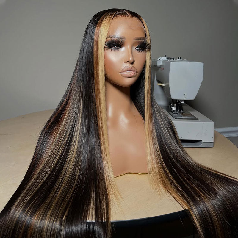 Deals | ZSF Two Tone Highlights Brown Honey Blonde Glueless Brazilian Straight Lace Wig Pre Plucked Middle Part 1PC