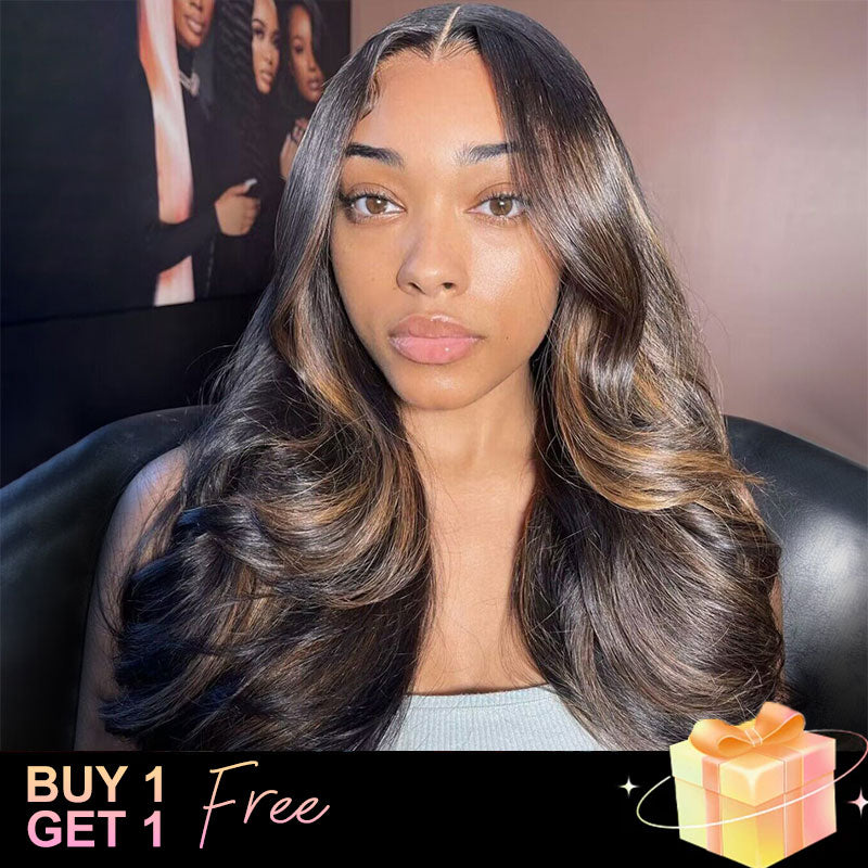 (BUY 1 GET 1 Free) New Arrival Middle Part Highlights Black Mix Blonde Brazilian 1b/S27 Lace Wig Middle Part Pre Plucked Natural Hairline