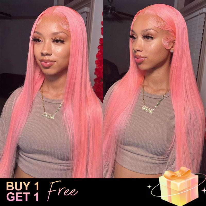 (BUY 1 GET 1 Free) ZSF Pink Colored Wigs Straight Lace Frontal Wig 100% Human Hair 1Piece