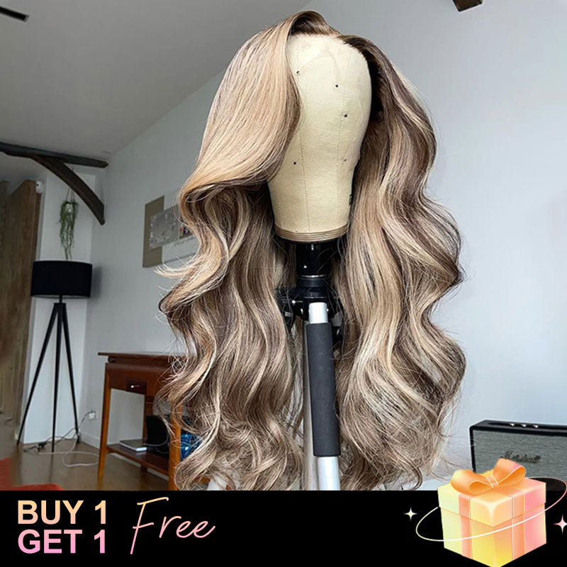 (BUY 1 GET 1 Free) ZSF New Arrival Ombre Brown Mixed Ash Blonde Highlight Body Wave Human Hair Lace Frontal Wig Plucked