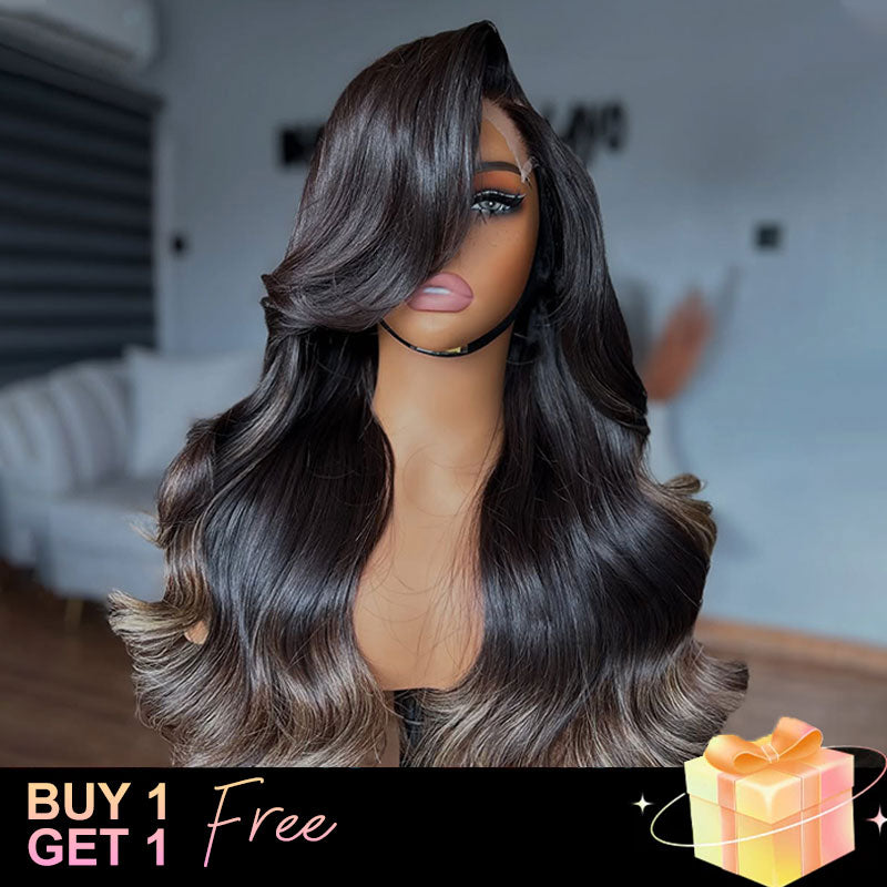 (BUY 1 GET 1 Free)ZSF New Trendy Slight Grey Honey Blonde Highlights Body Wave HD Lace Human Hair Wig C Part Pre Plucked