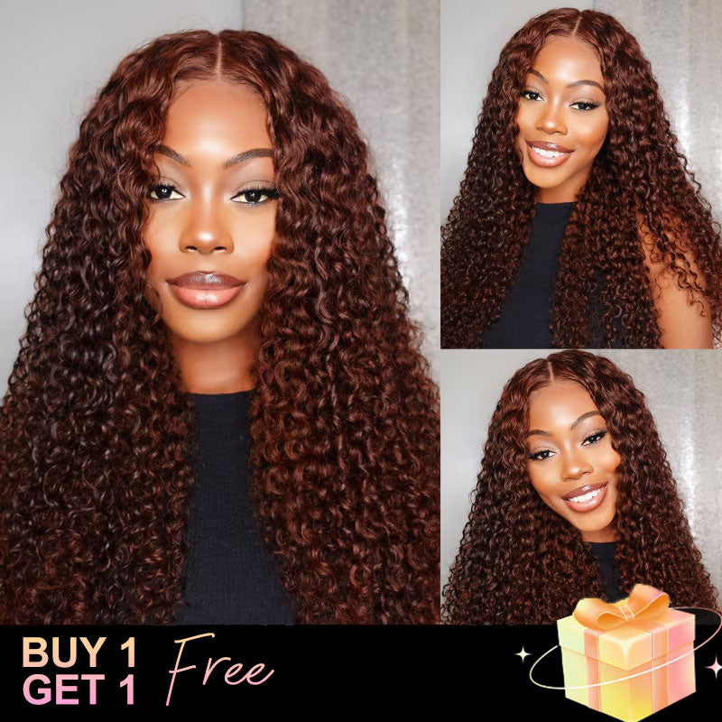 (BUY 1 GET 1 Free) ZSF Jerry Curly Reddish Brown Human Hair Wig HD Lace Wig Pre-Plucked Free Part