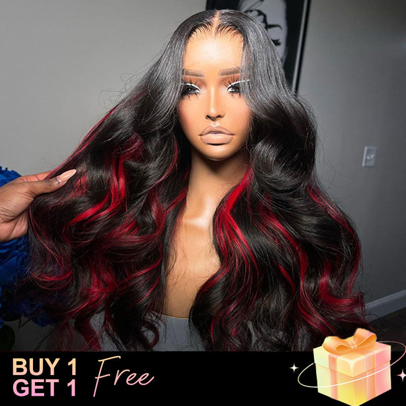 (BUY 1 GET 1 Free)ZSF Burgundy Black Highlights Mix Color Transparent Lace Wig Body Wave Middle Part Colored Human Hair Wig